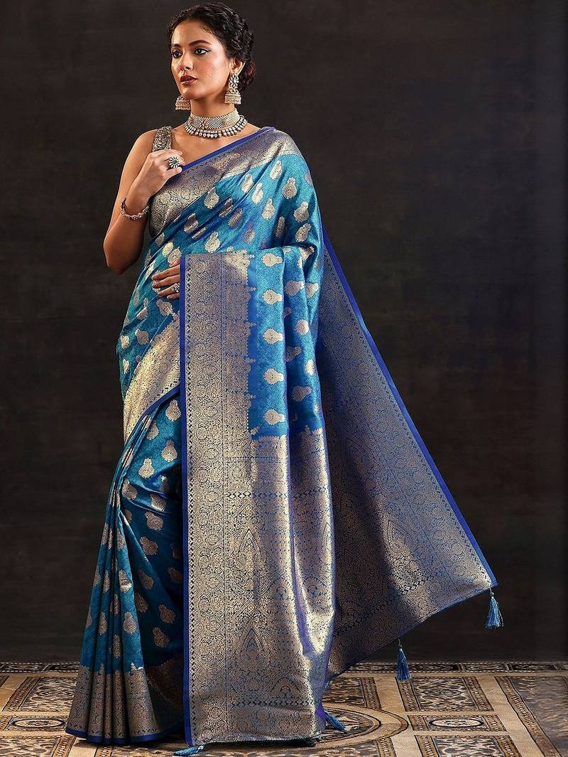 blue woven design saree with unstitched blouse piece