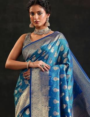 blue woven design saree with unstitched blouse piece 2