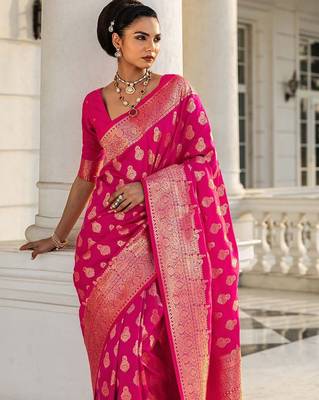 pink woven design saree with unstitched blouse piece 2