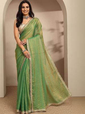green beads embellished saree with zari embellished saree and a blouse piece 1