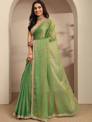 green beads embellished saree with zari embellished saree and a blouse piece 5