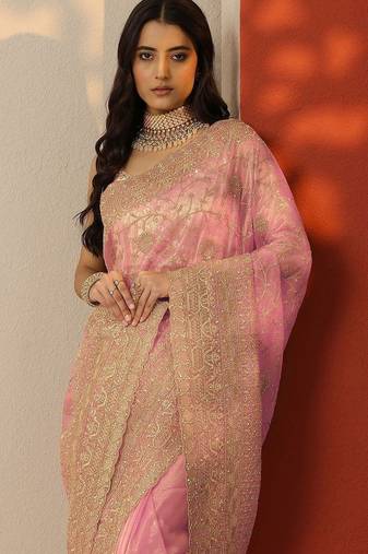 pink embroidered nylon saree with unstitched blouse piece