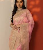 pink embroidered nylon saree with unstitched blouse piece