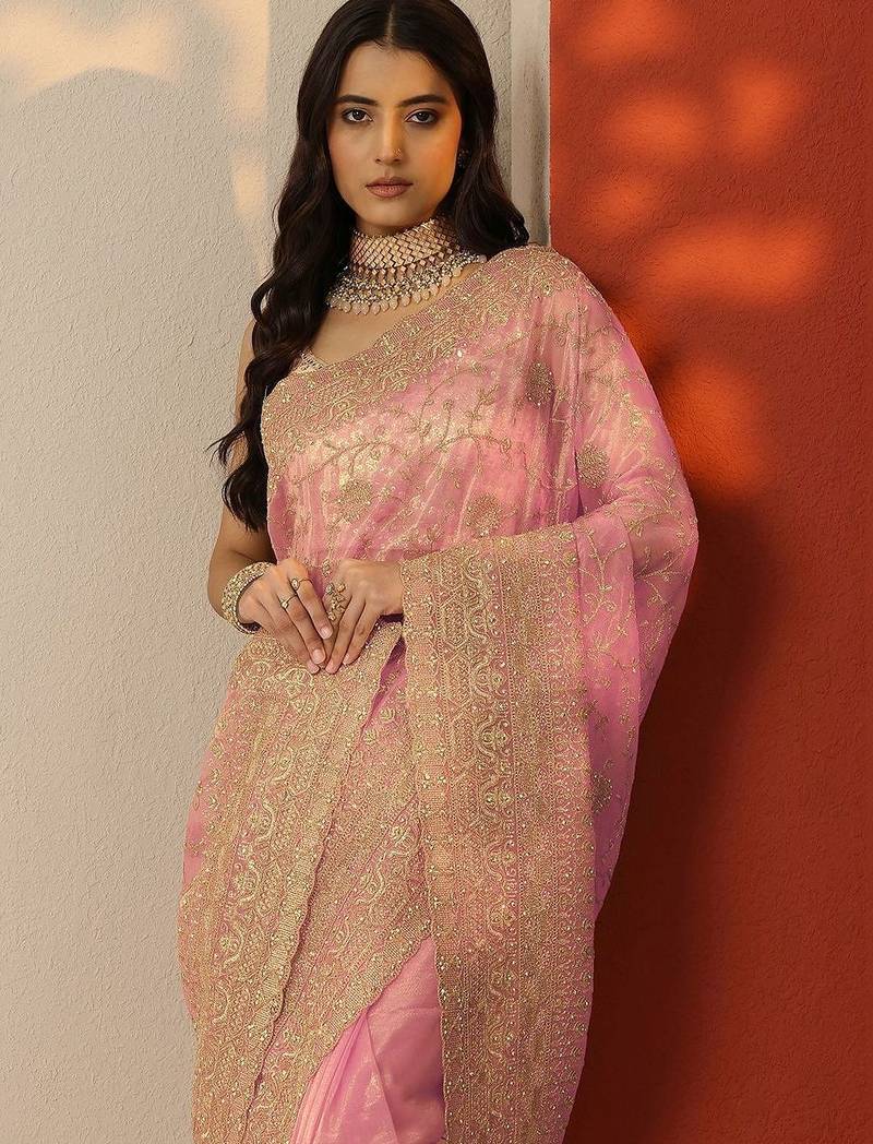 pink embroidered nylon saree with unstitched blouse piece