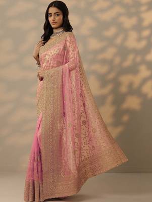 pink embroidered nylon saree with unstitched blouse piece 2