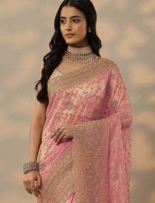 pink embroidered nylon saree with unstitched blouse piece 3