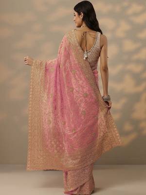 pink embroidered nylon saree with unstitched blouse piece 4