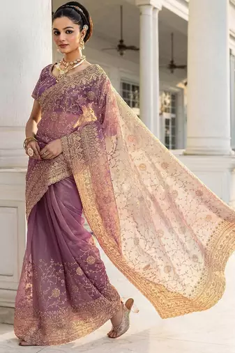 lavender embroidered nylon saree with unstitched blouse piece