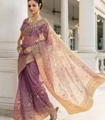 lavender embroidered nylon saree with unstitched blouse piece