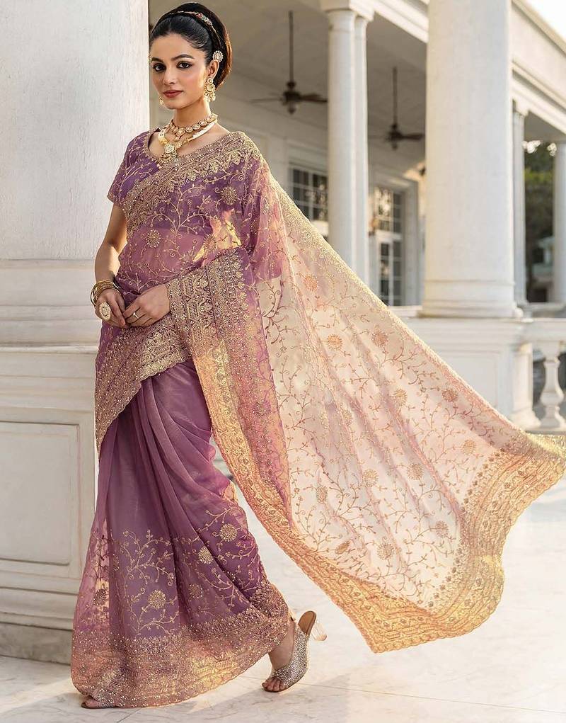 lavender embroidered nylon saree with unstitched blouse piece