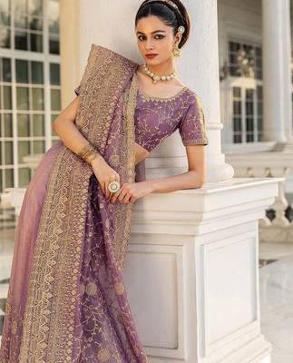 lavender embroidered nylon saree with unstitched blouse piece 2