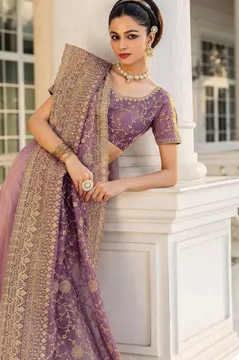 lavender embroidered nylon saree with unstitched blouse piece