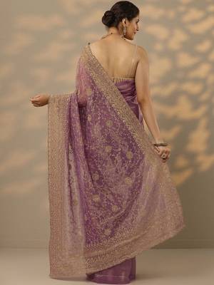 lavender embroidered nylon saree with unstitched blouse piece 3