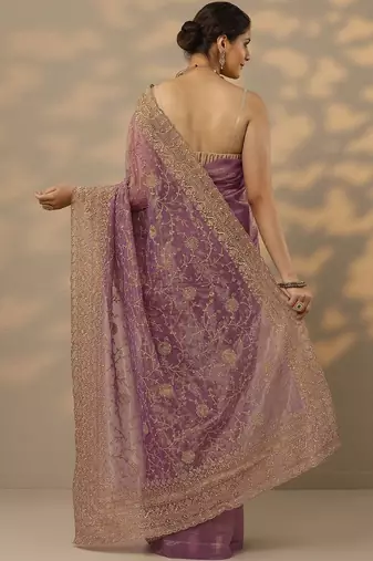 lavender embroidered nylon saree with unstitched blouse piece