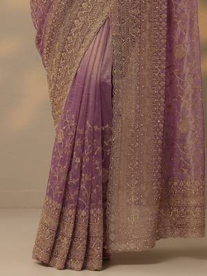 lavender embroidered nylon saree with unstitched blouse piece 5