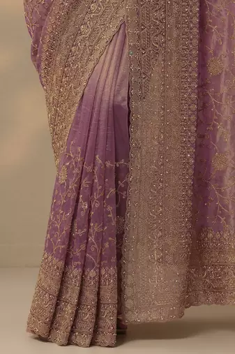 lavender embroidered nylon saree with unstitched blouse piece