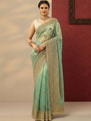 sea green embroidered banarasi nylon saree with unstitched blouse piece 1