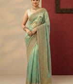 sea green embroidered banarasi nylon saree with unstitched blouse piece