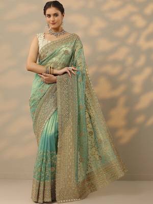 sea green embroidered banarasi nylon saree with unstitched blouse piece 2