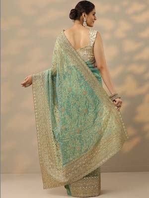 sea green embroidered banarasi nylon saree with unstitched blouse piece 3