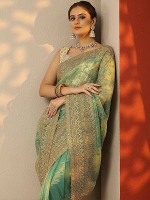 sea green embroidered banarasi nylon saree with unstitched blouse piece 4