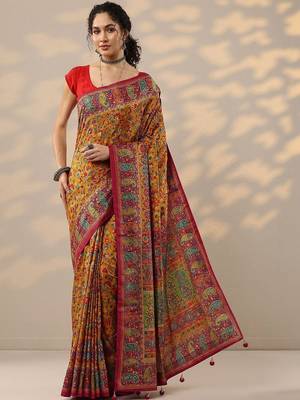 mustard printed saree with unstitched blouse piece 4