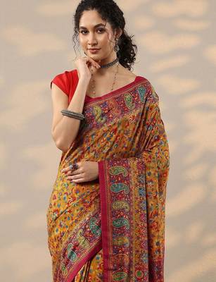 mustard printed saree with unstitched blouse piece 5