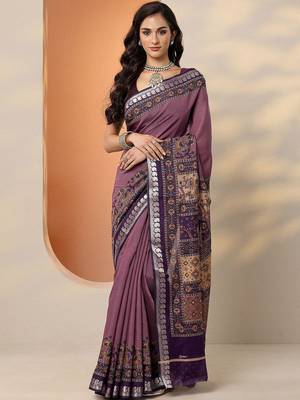 purple printed saree with unstitched blouse piece 1