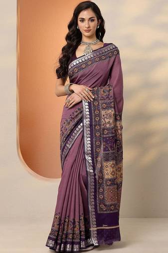 purple printed saree with unstitched blouse piece