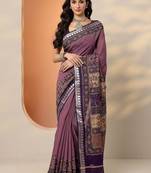 purple printed saree with unstitched blouse piece