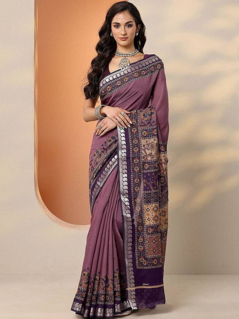 purple printed saree with unstitched blouse piece