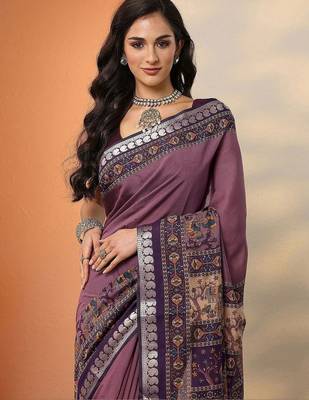 purple printed saree with unstitched blouse piece 4
