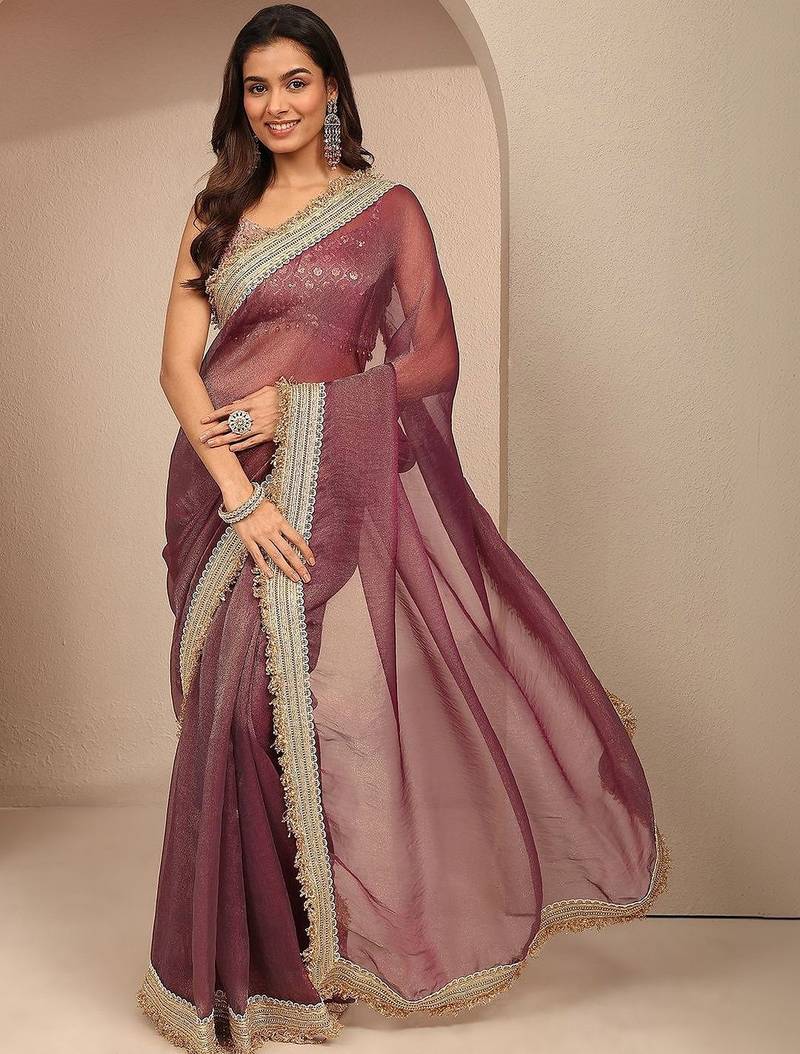 Purple maroon solid saree with unstitched blouse piece