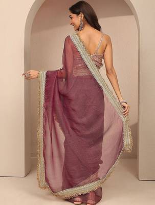Purple maroon solid saree with unstitched blouse piece 5