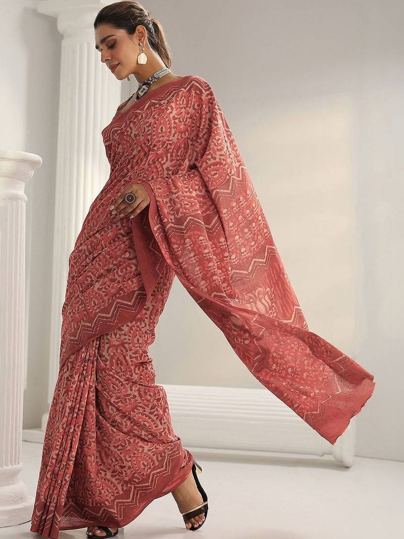 red batik print cotton saree