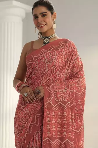 red batik print cotton saree