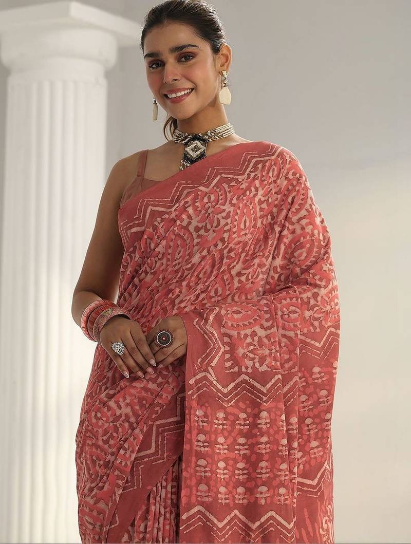 red batik print cotton saree