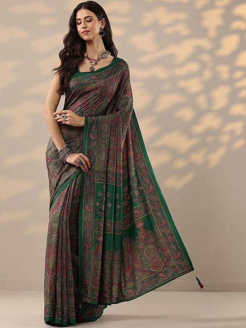 green printed saree with unstitched blouse piece