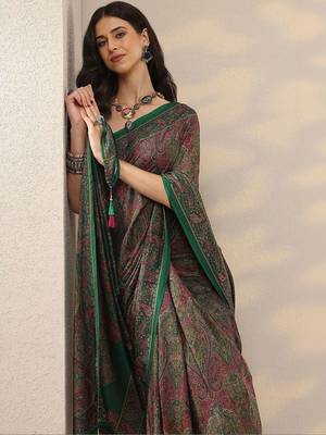 green printed saree with unstitched blouse piece 5