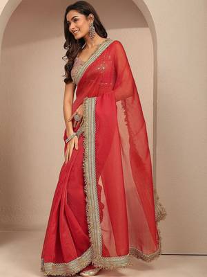 red solid saree with unstitched blouse piece 1