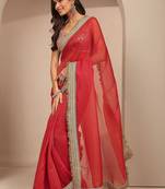 red solid saree with unstitched blouse piece