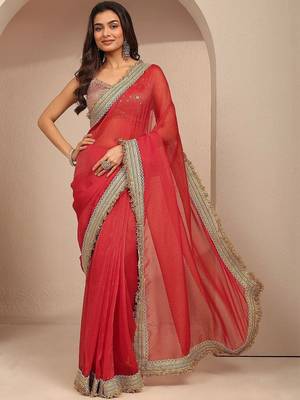 red solid saree with unstitched blouse piece 4