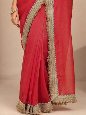 red solid saree with unstitched blouse piece 5