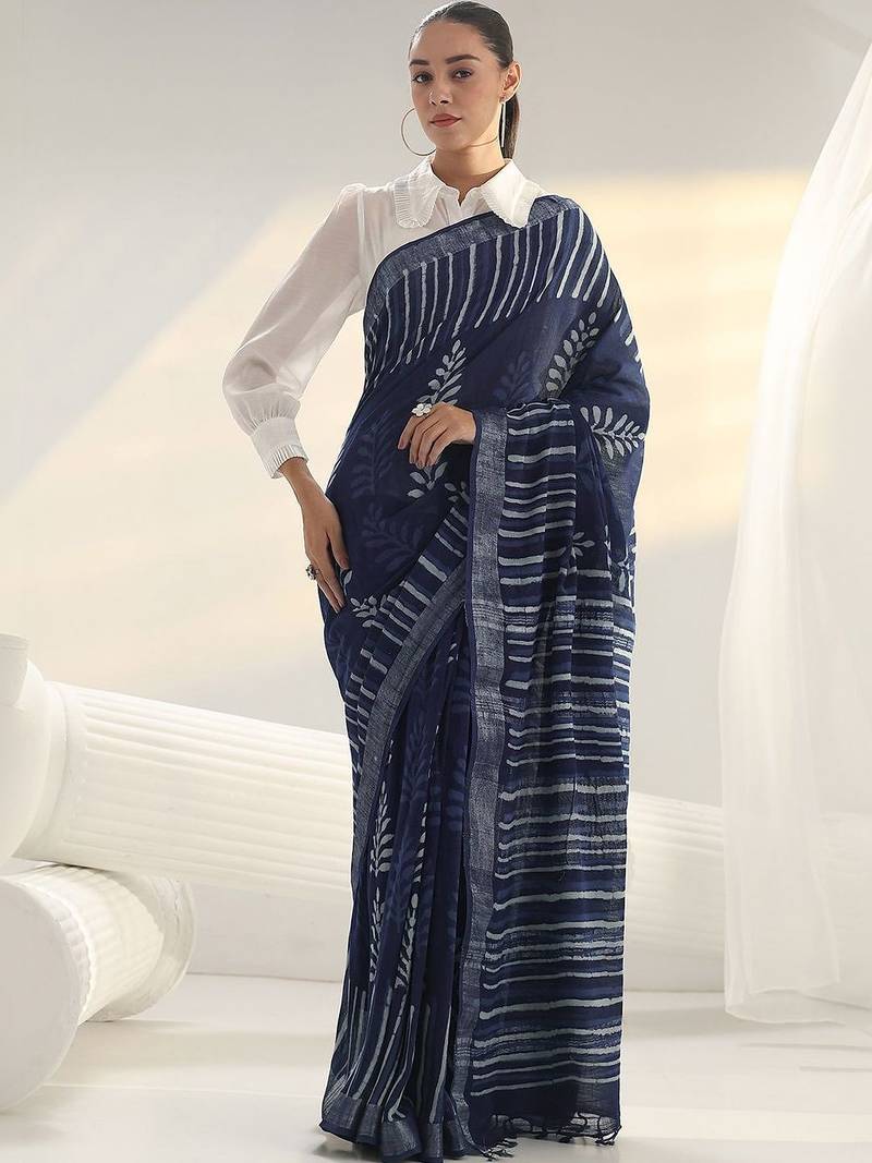 blue indigo dabu print cotton saree