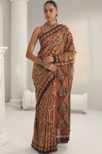 brown bagru print cotton saree