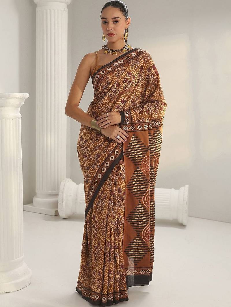 brown bagru print cotton saree