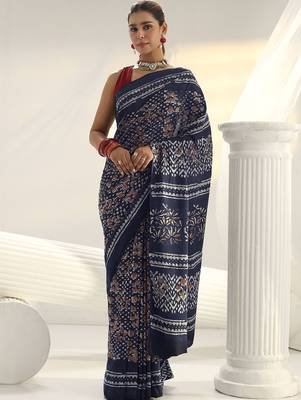 navy blue indigo dabu print cotton saree 1