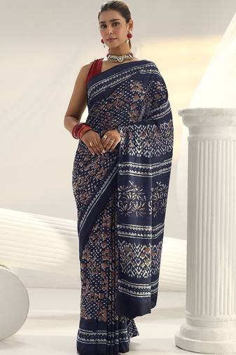 navy blue indigo dabu print cotton saree