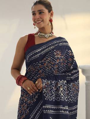 navy blue indigo dabu print cotton saree 4