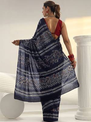navy blue indigo dabu print cotton saree 5
